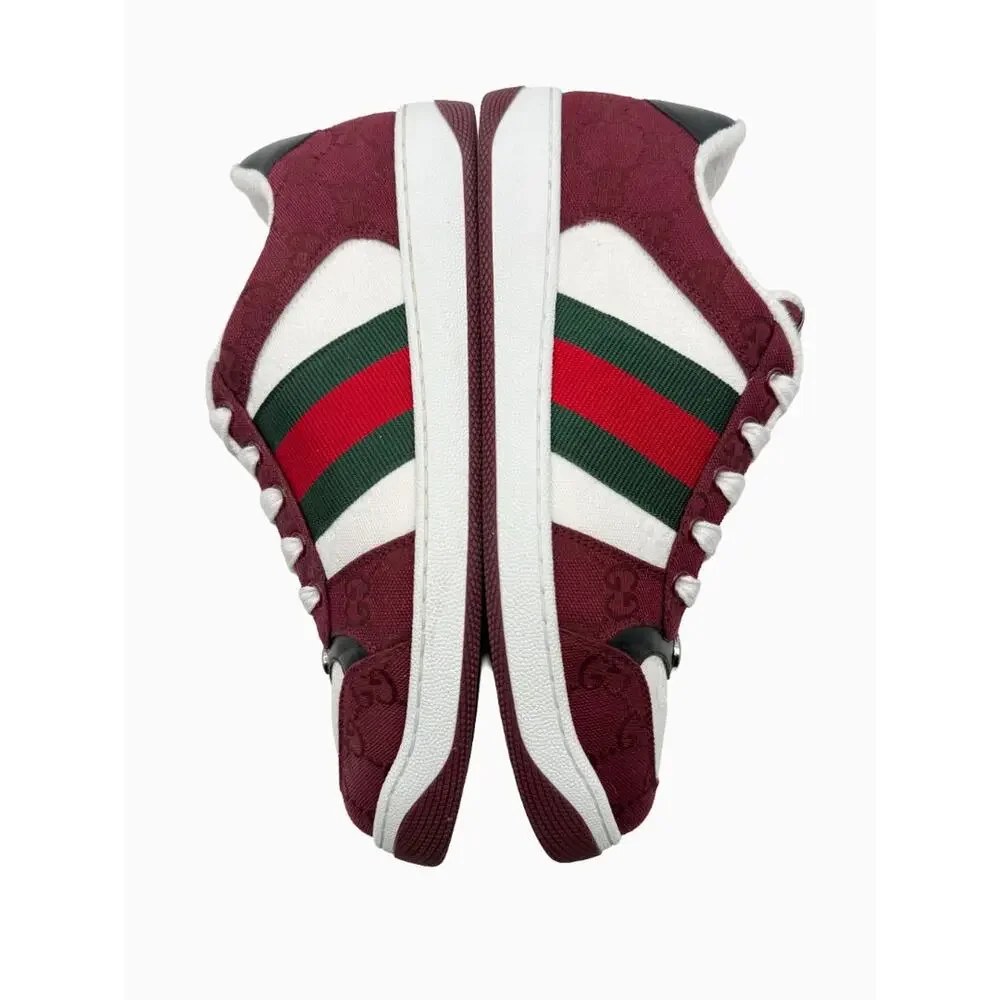 Gucci Mens GG Monogram Web Stripe Low Top Sneakers Burgundy Ivory Size 8 Italy